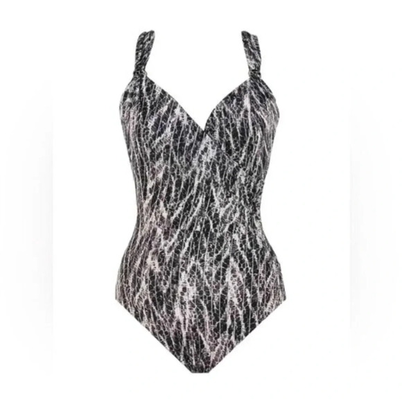 Miraclesuit Metallic Silver Chevron Python Siren OnePiece Swimsuit Size 8 NWT - Picture 2 of 14